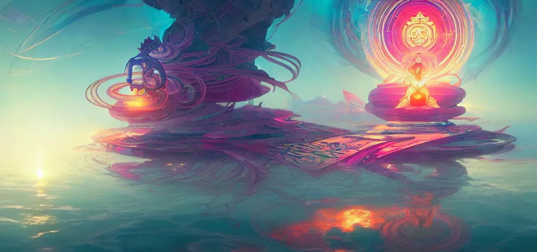 Image similar to a floating temple, channeling swirling energy, wearing netrunner clothing, vaporwave aesthetic, colorful, psychedelic, digital painting, artstation, concept art, smooth, sharp focus, illustration, art by artgerm and greg rutkowski and alphonse mucha