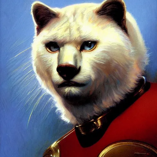 Image similar to a portrait of a manly bear white cat feline, blue eyes, star trek the next generation. highly detailed painting by gaston bussiere, craig mullins, j. c. leyendecker, furry