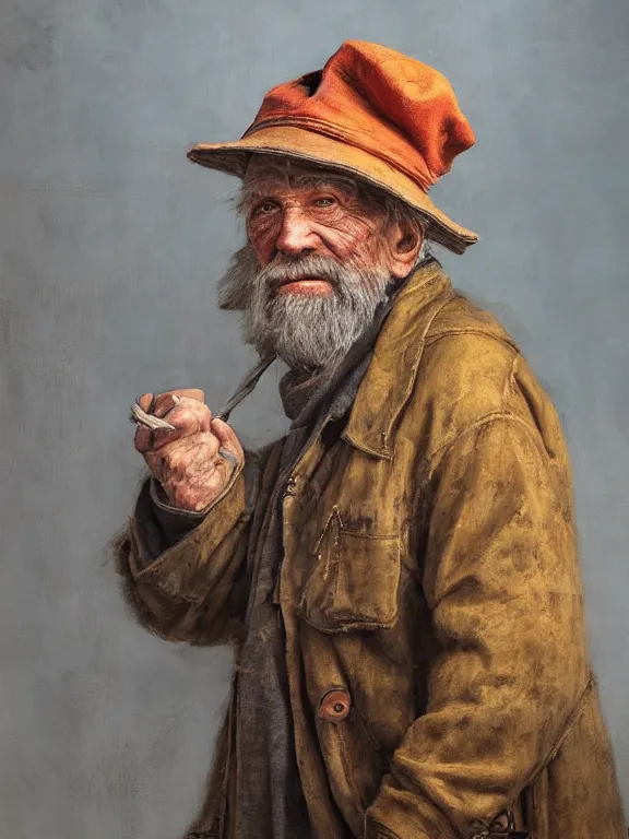 Image similar to realistic renderings portrait of very old fisher man portrait with a hat, wearing a fisher 🧥, port scene background, astonishing scenes, detailed, photorealism, volumetric lighting, autumn lights colors, ultra detailed