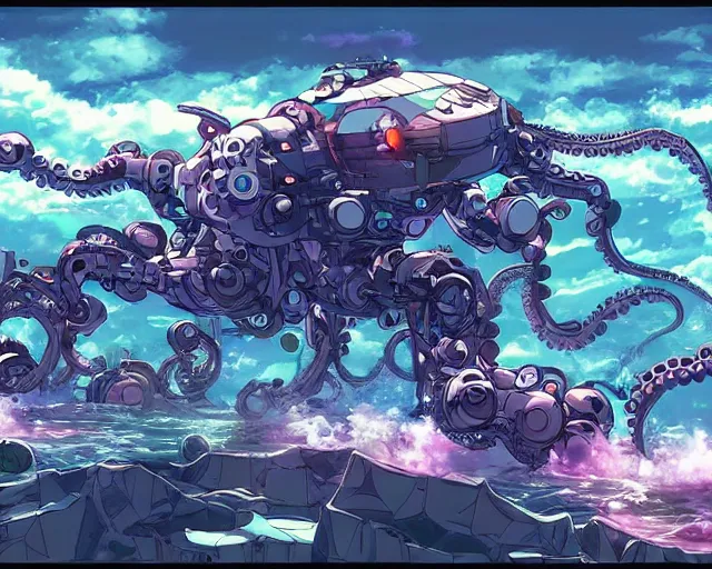 Image similar to beautiful picture of a robot octopus, mining an asteroid, anime style, art by Hajime Katoki, trending on artstation