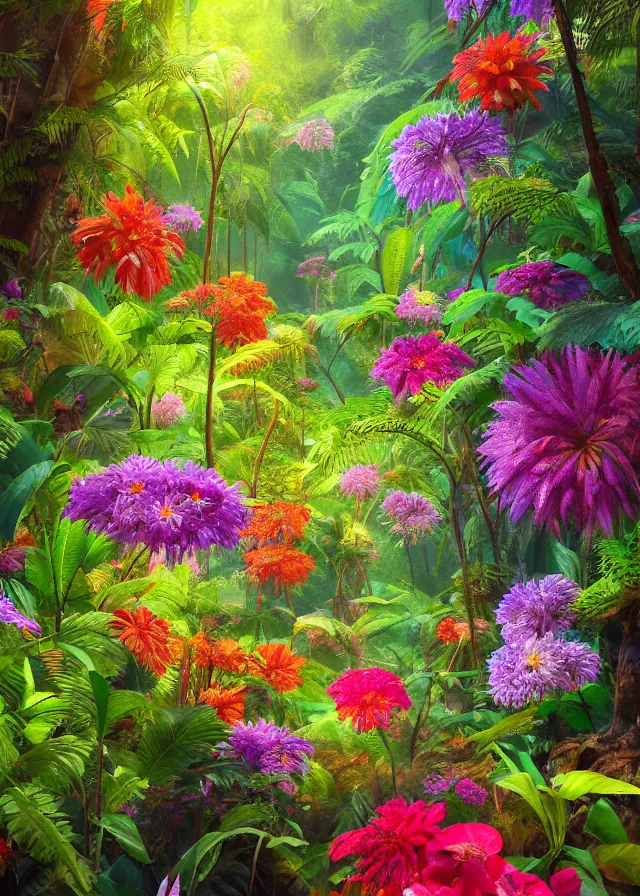 Prompt: rainforest, brightly colored flowers, extremely detailed oil painting, unreal 5 render, digital art, landscape painting, octane render, beautiful composition, trending on artstation, award winning photograph, masterpiece