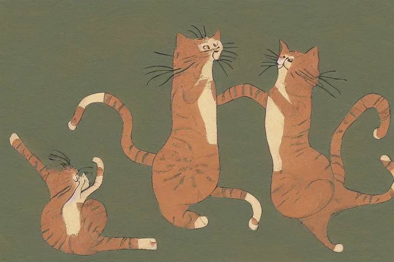 Image similar to a high detail paint of Two cats dancing around Jomon pottery, in simple background, concept art, mad painting