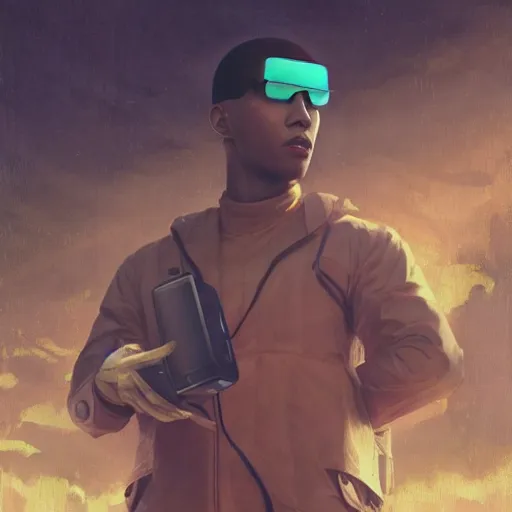 Prompt: wide shot of a bald anime young man with matrix sunglasses holding a cinema camera in a martian city, scifi, detailed realistic face, photorealistic oil painting, digital art, by charlie bowater, by jeremy lipking, by makoto shinkai, octane render