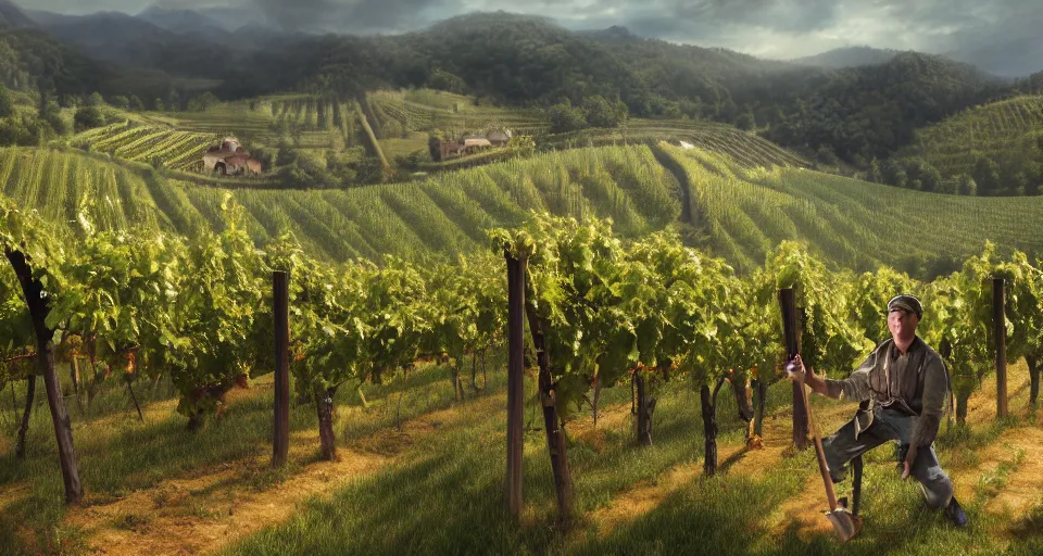 Prompt: A beautiful hyper realistic ultra detailed lifelike matte painting of traditional austrian vineyard worker, unreal engine, deviantart, flickr, artstation, octane render, textured, colorful, extreme realistic detail, physically based rendering, pbr render, very detailed, volumetric lighting, detailed lighting, octane render, 4k, cinematic lighting, 8k resolution