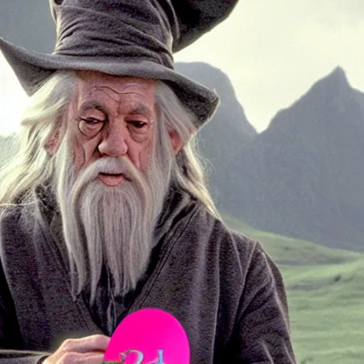 Image similar to portrait of gandalf, wearing a pink hairbow, holding a blank playing card up to the camera, movie still from the lord of the rings