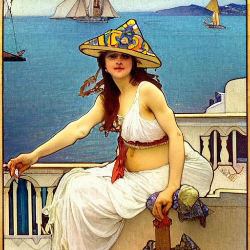 Prompt: A girl with jester hat and clothes on a greek archi circle on the front of a Balustrade with a beach and a sail boat on the background, major arcana cards, by alphonse mucha and arnold böcklin arnold böcklin arnold böcklin hyperrealistic 8k, very detailed