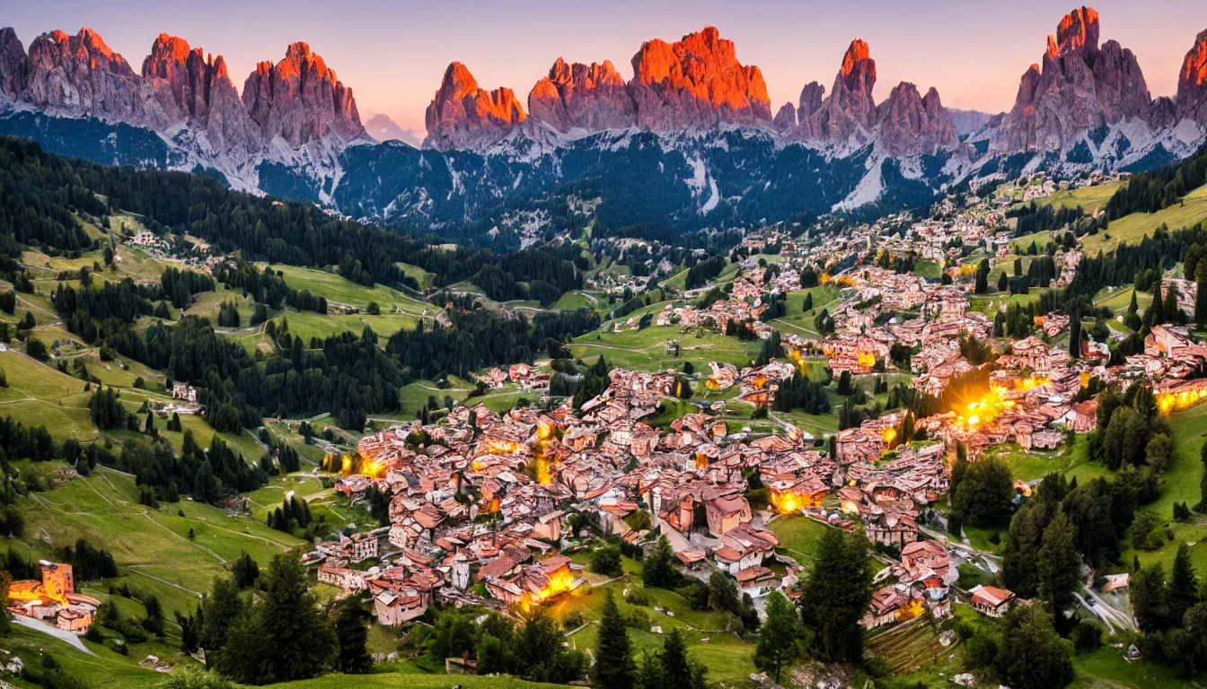 Prompt: an italian town in the dolomites mountains, sunset