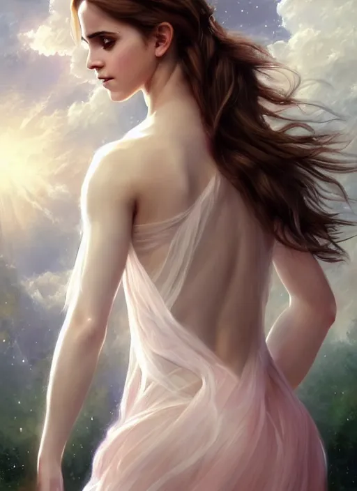 Image similar to emma watson as nature magic celestial, back pose, long hair, soft pink and white transparent cloth, space, D&D, shiny background, intricate, elegant, highly detailed, digital painting, artstation, concept art, smooth, sharp focus, illustration, artgerm, bouguereau