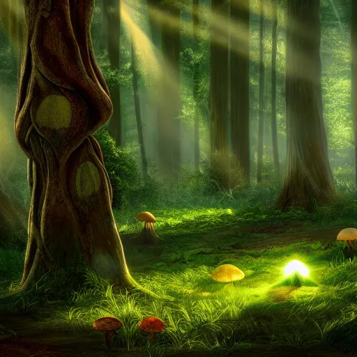Prompt: tall mysterious woods, light shining through, mushrooms on the ground, warm lighting, concept art, award winning concept art, Thomas Cole, 4k, 8k,