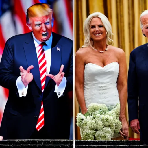 Prompt: DSLR photo of Donald Trump as the bride marrying Joe Biden as the husband, 8k, detailed