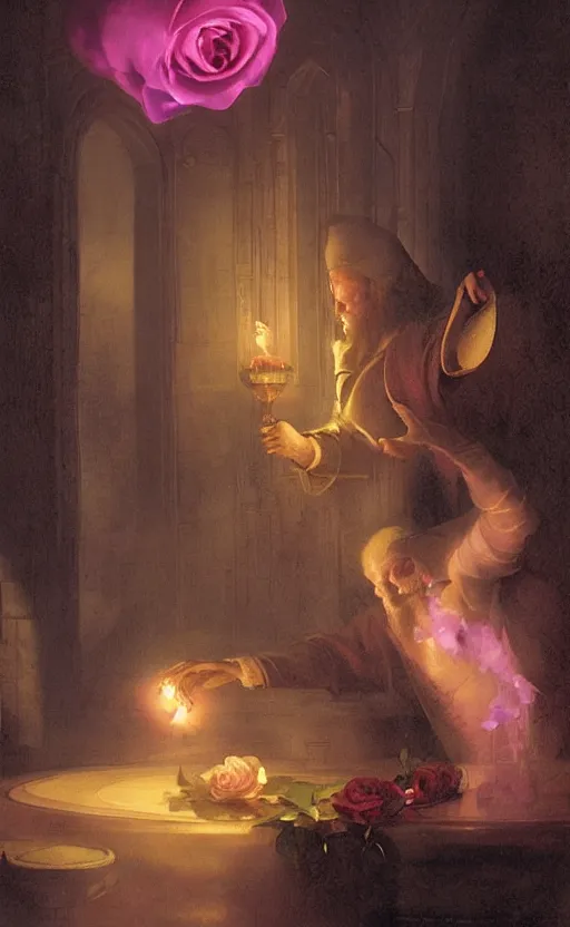 Image similar to a drunk wizard casting a rose petal bloom spell by raphael lacoste and adrian smith and delphin enjolras and daniel f. gerhartz