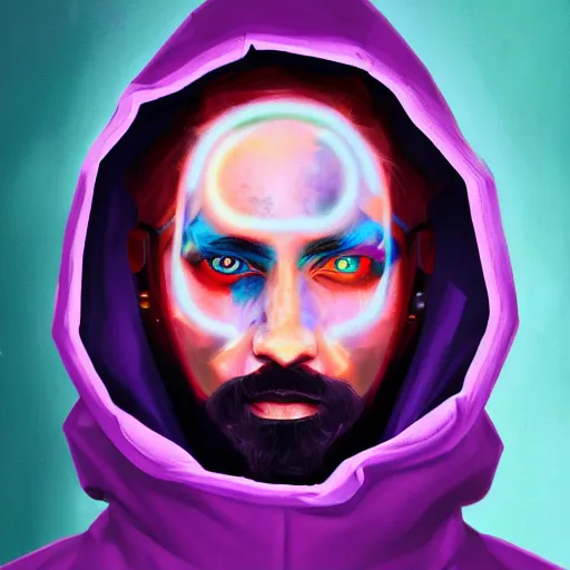 Image similar to a portrait of an ultradetailed futuristic cyberpunk wearing a hoodie on his head, bearded, deep blue eyes, by dylan kowalski, 8 k, purple neon colours, digital painting