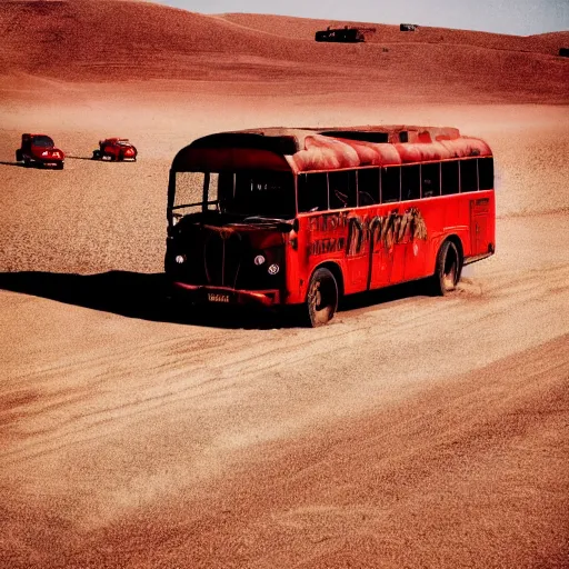 Image similar to photo of a red bus in desert, mad max fury road style, dynamic, fast moving