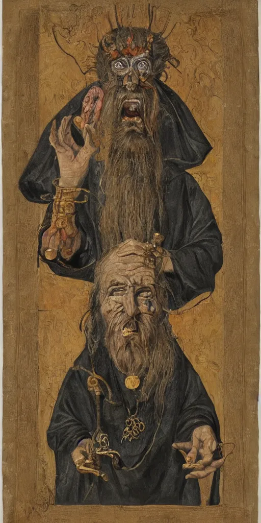 Image similar to portrait of a wizard with a disfigured face, wearing occult robes and ornate jewelry, no frame