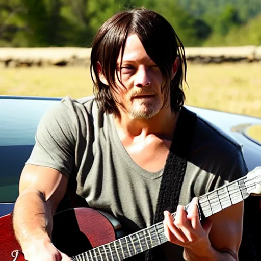 Prompt: norman reedus playing the guitar saying uhhh what wait what huh pham sandwich