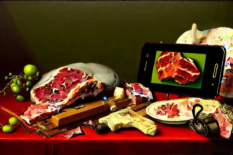 Image similar to a vanitas painting depicting an NVIDIA RTX A100 GPU, graphics card and a smartphone as well as packaged meat