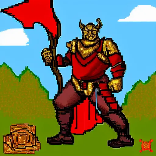 Image similar to Orc male readies his rifle, staring down the telescopic sights. His red and gold cape fluffers in the wind, and his renaissance era armor glistens in the sunshine, pixel art 128x128 MS-DOS Heroes of Might and Magic