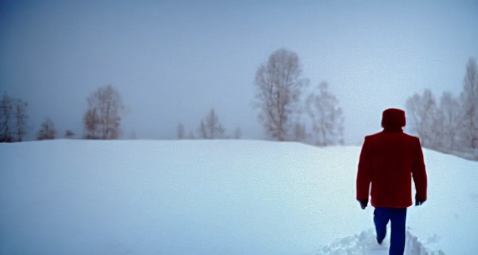 Prompt: movie still of a man walking in empty marble blue room with red drapery under the snow, cinestill 8 0 0 t 8 mm, by andrei tarkovsky, very heavy grain, high quality, high detail, ultra wide lens