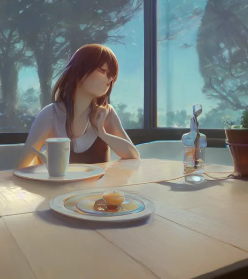 Image similar to highly detailed spilled milk on the table, unreal engine, loish, rhads, makoto shinkai and tom bagshaw, reflective global illumination, god rays, detailed and intricate environment