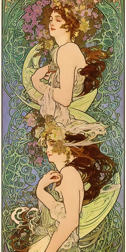 Prompt: the Goddess of Spring poster by Alphonse Mucha