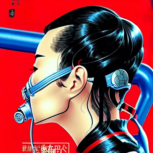 Image similar to a profile photo of a chinese spy woman side profile with a diving oxygen mask with side profile blood in ocean intricate details by MARVEL comics and Sandra Chevrier-C