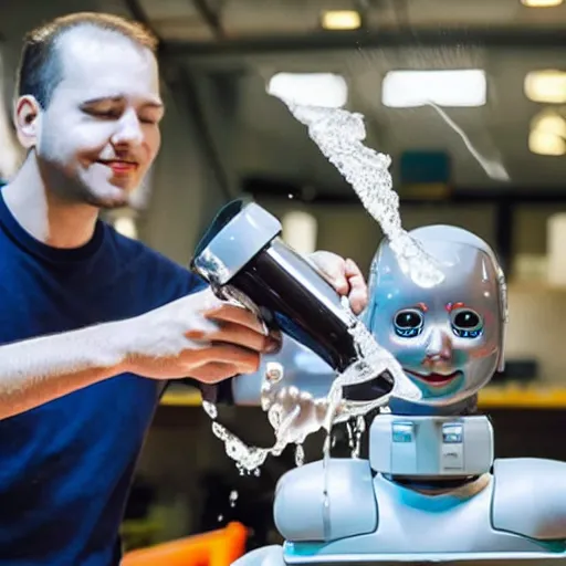 Prompt: man pouring water into the head of a robot