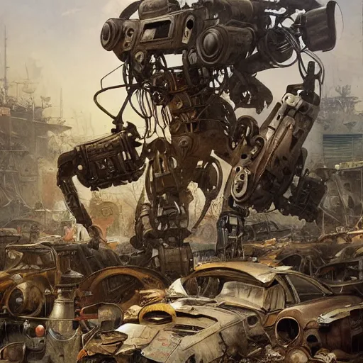 Prompt: Jean-Baptiste Monge and Alex Ross a artwork of a cluttered robot junkyard