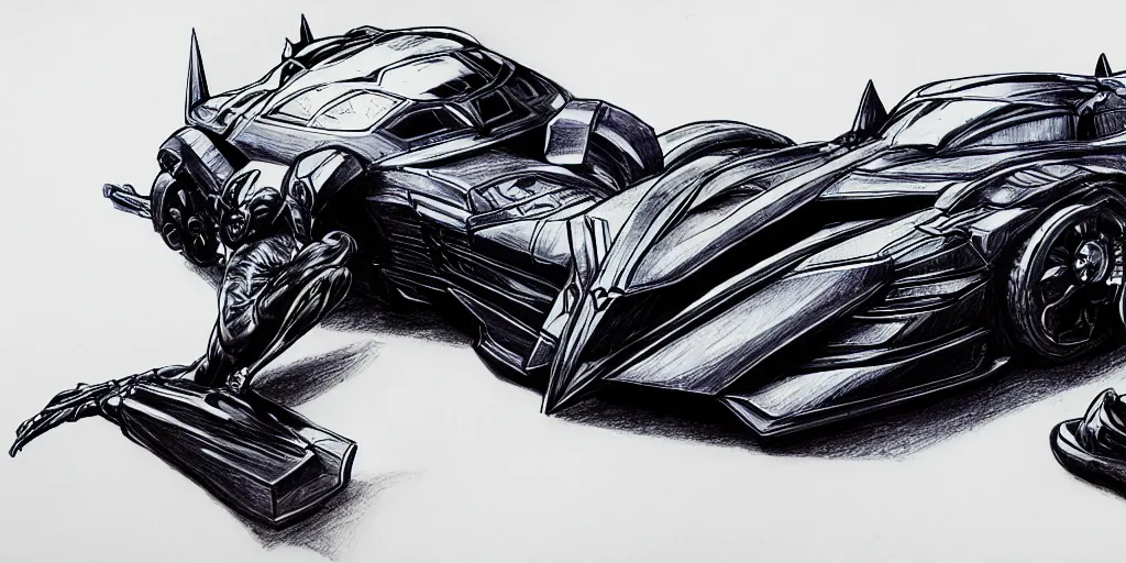 Image similar to ballpoint pen drawing of the batmobile, batman, arkham knight