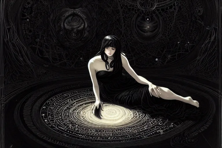 Image similar to high angle picture of a black dress witch sitting on the floor and researching about the azathoth, extremely beautiful and aesthetic and detailed cute face, very huge magic circles on the hand, cute devil besides, in the magic maximalist room, chiaroscuro, intricate, masterpiece, fantasy illustrations by ilya kuvshinov and jeremy lipking and quentin mabille