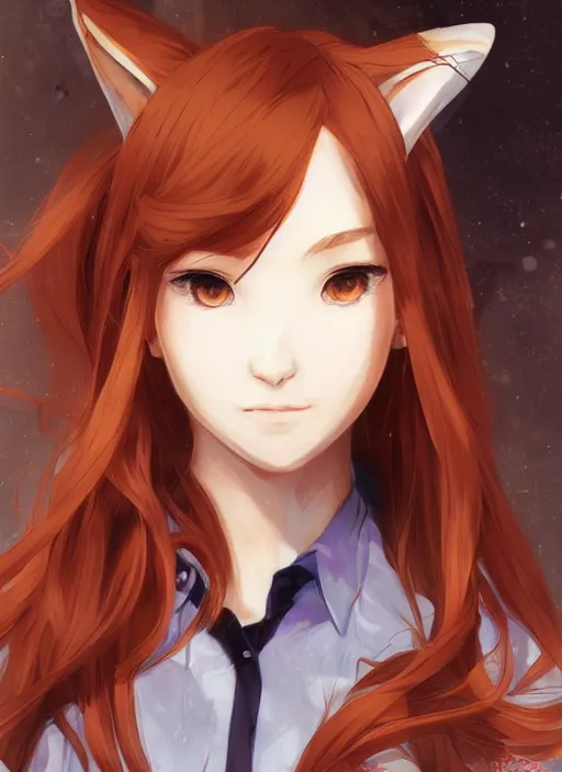 Image similar to portrait illustration by shigenori soejima, beautiful girl with fox ears, focus on face, pretty, cinematic lighting, painterly, long wavy orange hair, light brown trenchcoat