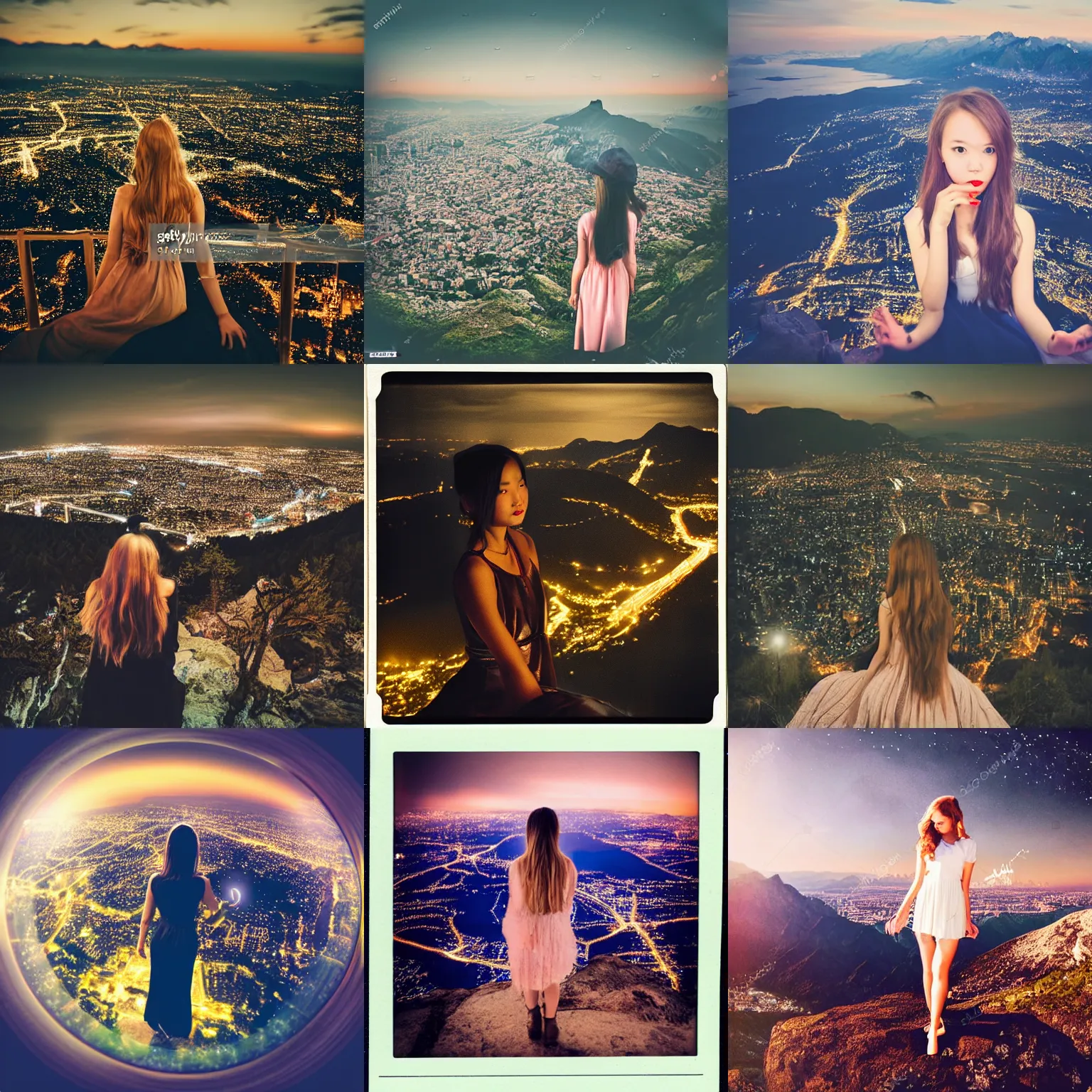 Prompt: dressed beautiful girl looking from the edge of the mountain on the giant night city below, midnight, highly detailed photo portrait, nostalgic, polaroid, sad