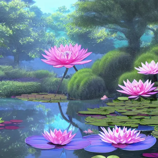 Image similar to a beautiful painting of a water lily pond by yusuke murata and makoto shinkai, cel shaded, unreal engine, highly detailed, iridescent, illustration, artstation,