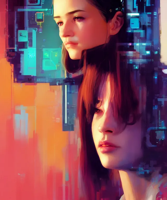 Image similar to half - circuits hacker girl with cute - fine - face, pretty face, multicolored hair, realistic shaded perfect face, fine details by realistic shaded lighting poster by ilya kuvshinov katsuhiro otomo, magali villeneuve, artgerm, jeremy lipkin and michael garmash and rob rey