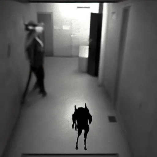 Image similar to hi - 8 night vision camera footage of a barely visible minotaur with red eyes in a dark hallway