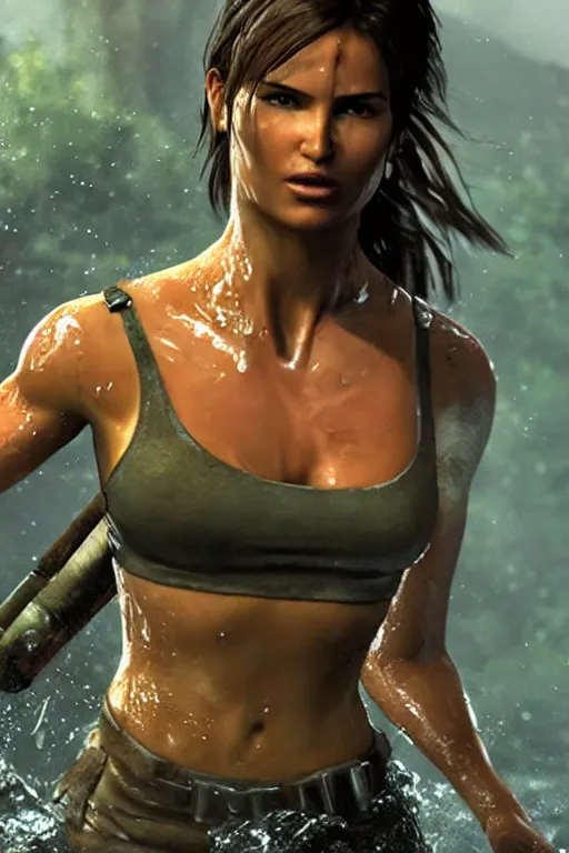 Prompt: a film still of lara croft, close up face detail, muscular, drenched body, photography, wet dripping hair, emerging from the water