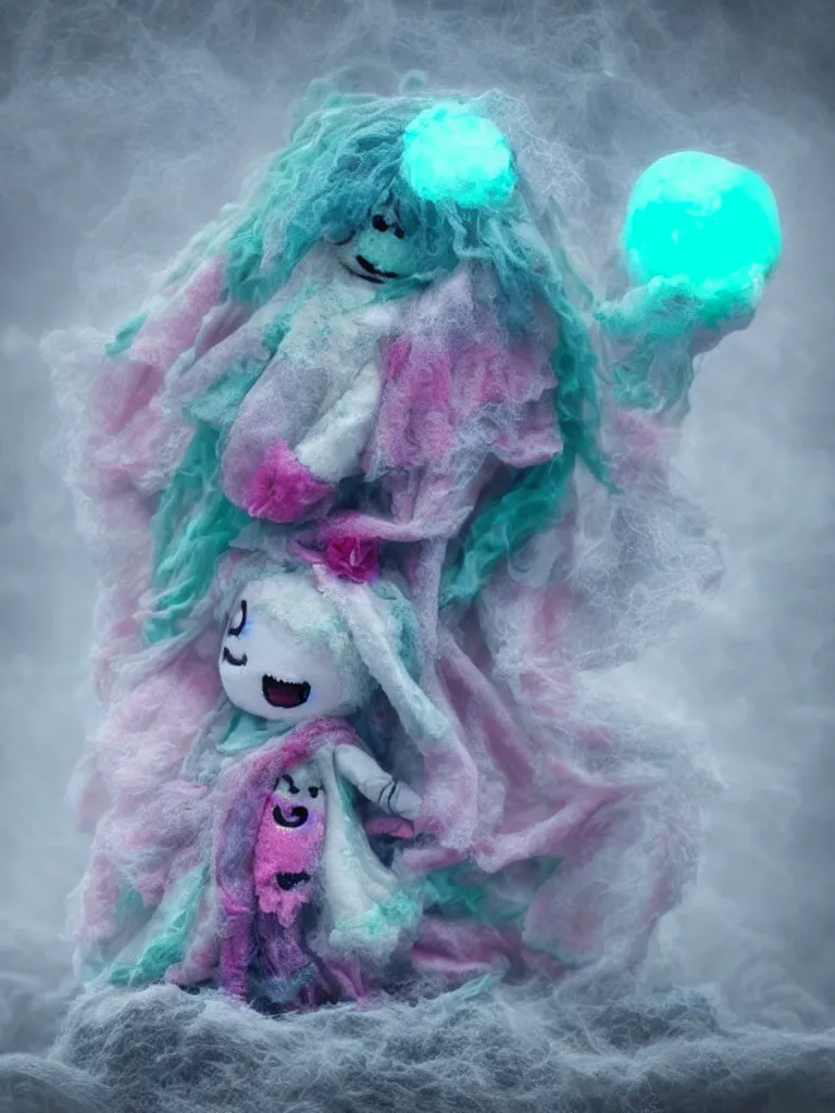 Image similar to cute fumo plush smiling ectoplasmic jellyfish ghost girl waving in deep fog over mysterious waters, patchwork doll chibi gothic maiden in tattered melting rags, glowing pink wisps of hazy green smoke and eerie blue volumetric fog swirling about, moonlight, glowing lens flare, black and white, vray