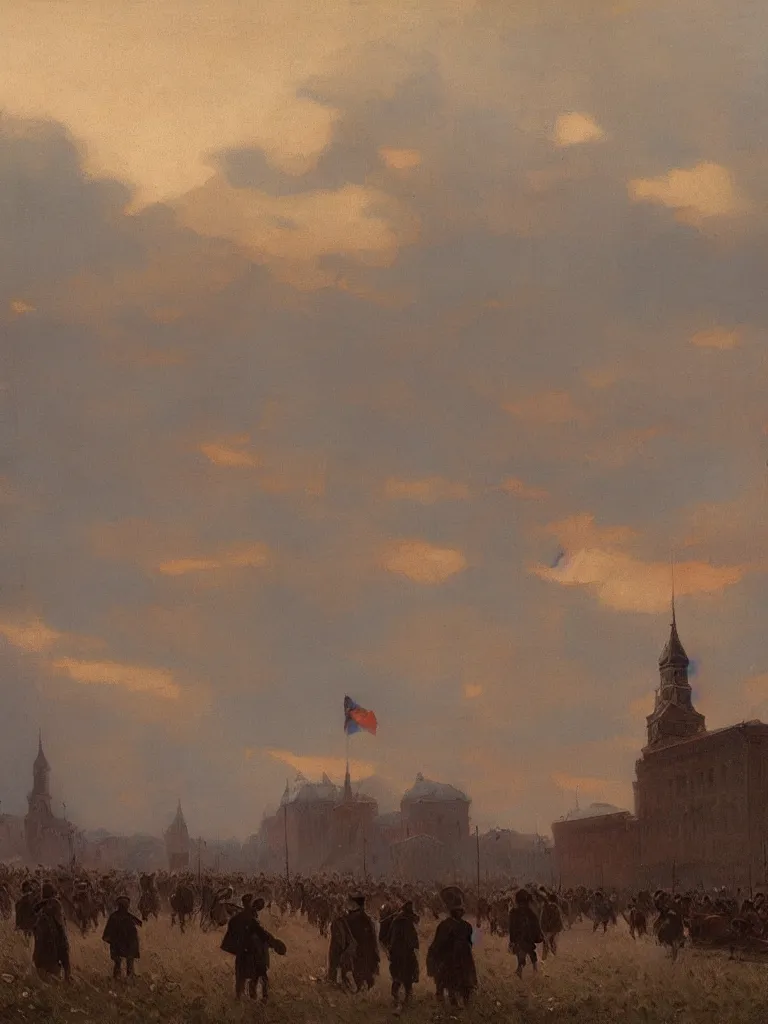 Prompt: a matte painting of russian revolution in 1 9 0 0 summer, matte painting, dusk, drama, by rozalski and peter ilsted, artstation