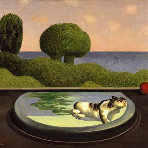 Prompt: painting of a cat playing with a turtle in a swimming pool, impressionism, art by Magritte