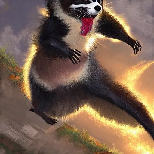 Prompt: japanese raccoon dog rogue escaping a mansion he robbed, cinematic, detailed, d & d, vibrant, hyperrealistic, trending on artstation, studio ghibli, dynamic pose, dramatic lighting, oil painting