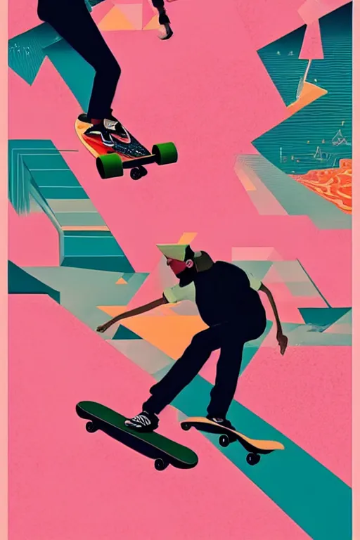 Prompt: a man riding a skateboard on top of a pink surface, poster art by victo ngai, ori toor, kilian eng behance contest winner, crystal cubism, poster art, cubism, tarot card, psychedelic art, concert poster, poster art, maximalist
