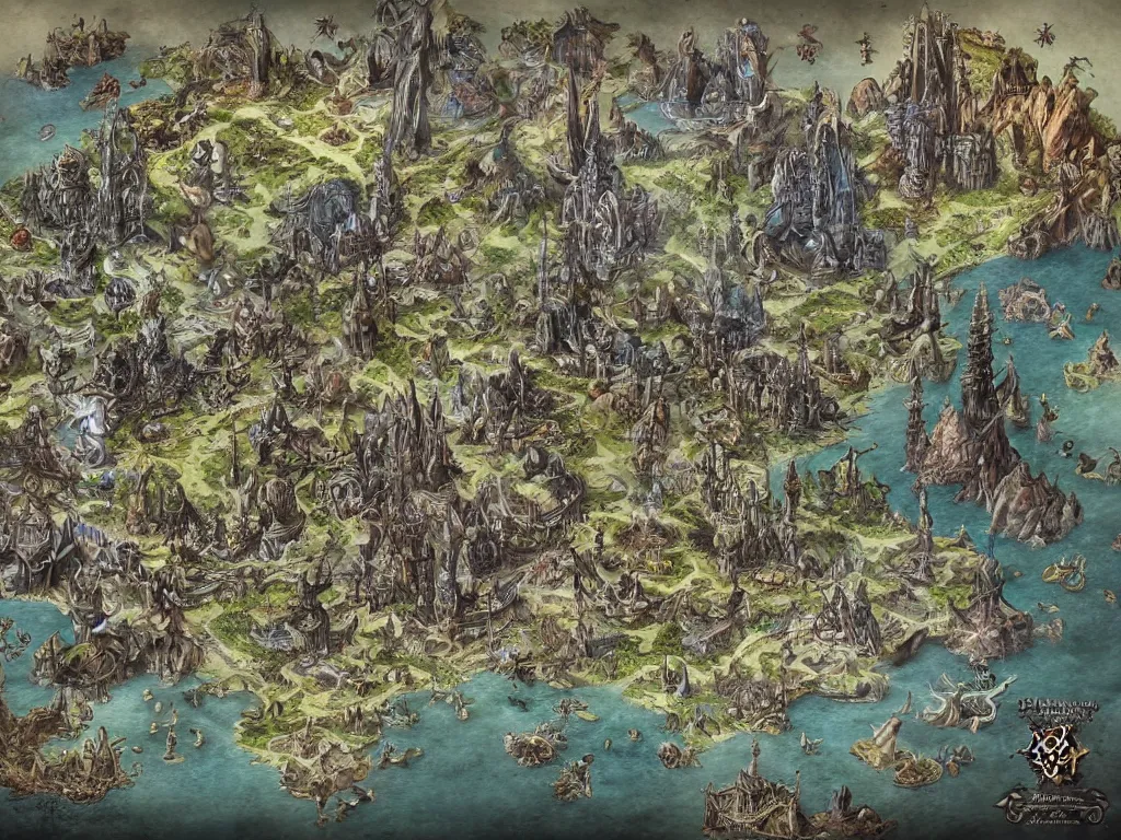 Image similar to an isometric disney dark fantasy map of a continent bordered by ocean by brian froud and hr giger