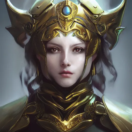 Image similar to fantasy paladin woman, symmetrical portrait, holy glow, by Yoshitaka Amano, Ruan Jia, Kentaro Miura, Artgerm, 8k