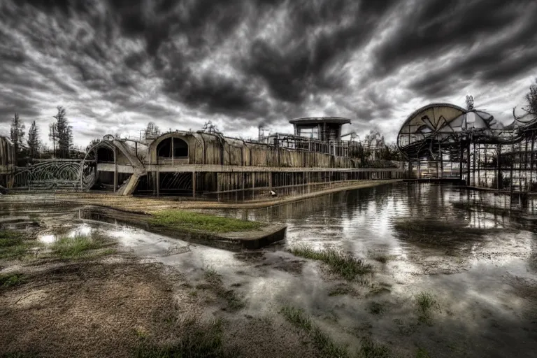 Prompt: creepy and wet abandoned waterpark, professional photography, highly detailed, sharp focus, hdr, 8 k, hd, trending on pexels, by marc adamus