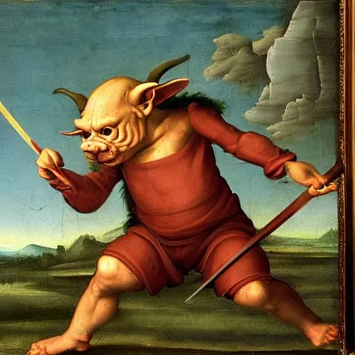 Image similar to simple renaissance painting of a goblin being slain by a sword, colorful