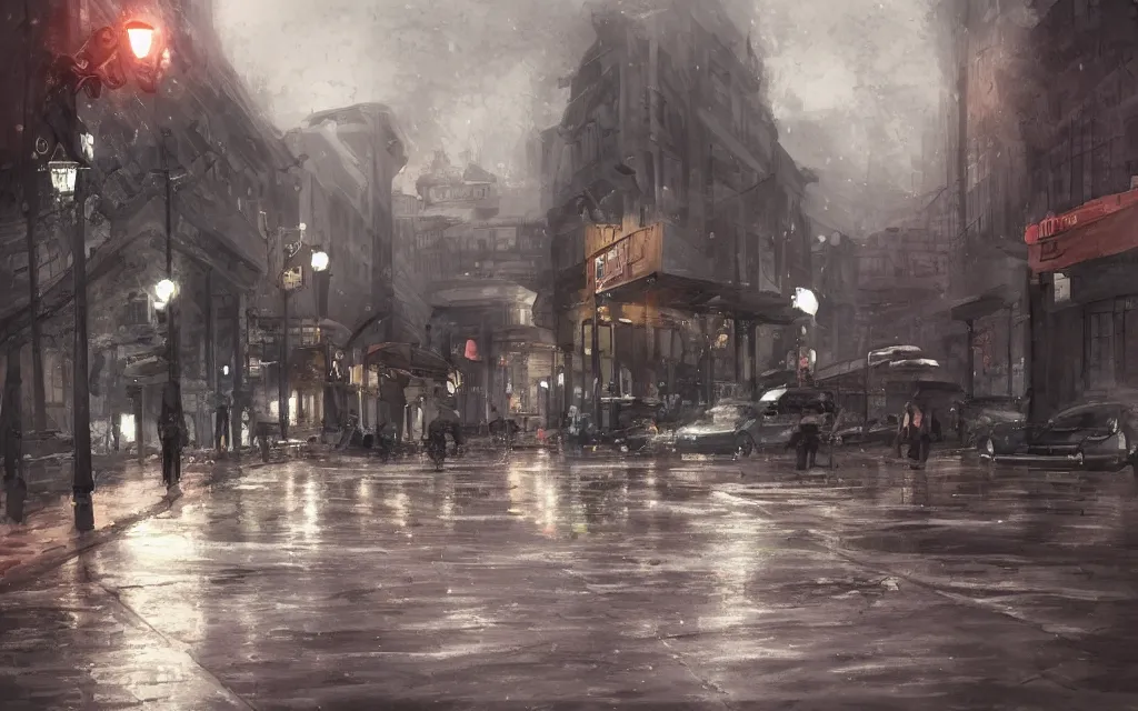 Prompt: concept art, wet helsinki street at night, in the style of grand theft auto gameplay