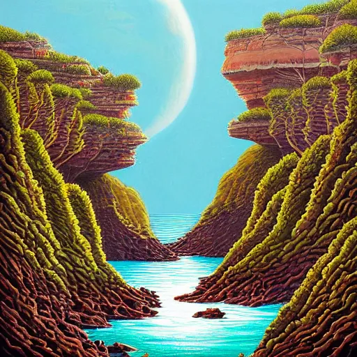 Image similar to painting of a lush natural scene on an alien planet by jeffrey smith. beautiful landscape. weird vegetation. cliffs and water.