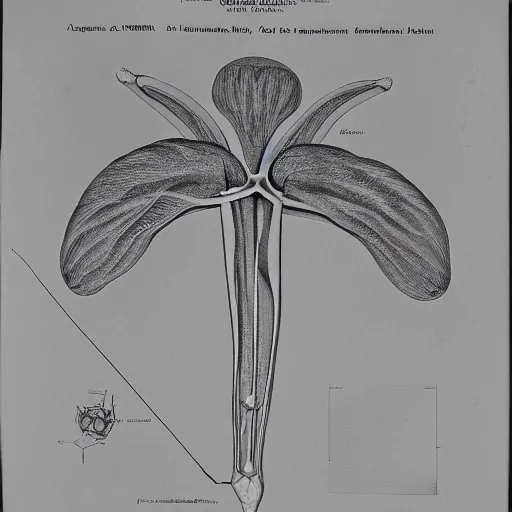 Image similar to clinical x - ray image of a jonquil in cut view with anatomical description, low coloration, highly detailed, 8 k