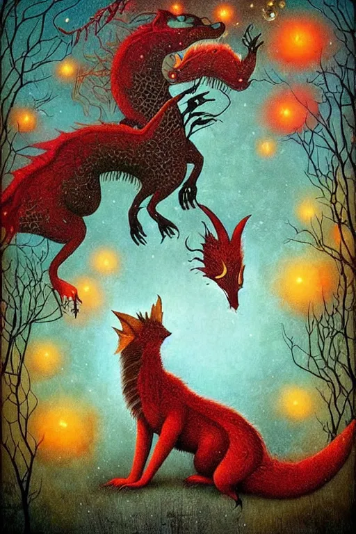 Image similar to surreal hybrid dragons and foxes, nostalgia for a fairytale, magic realism, flowerpunk, mysterious, vivid colors, by andy kehoe, amanda clarke