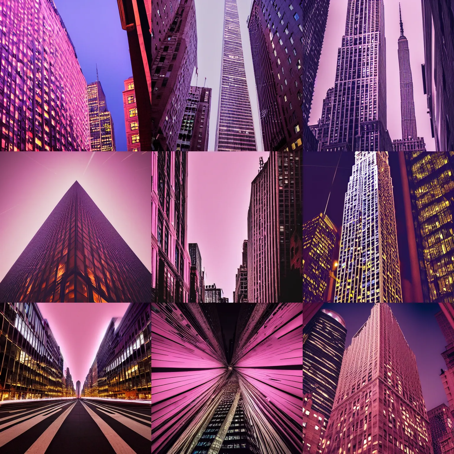 Prompt: intricate skyscraper in the streets of new york city at night, vanishing point, long exposure, rose pink lighting, atmospheric, award winning photo