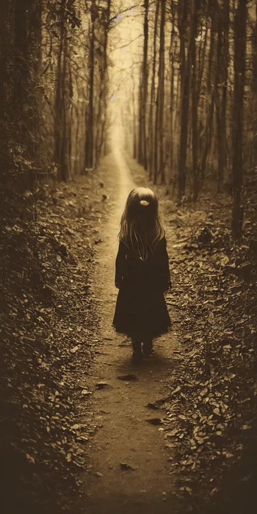 Prompt: found photo of a young witch girl with long hair walking away from the camera in a forest, magical dark and spooky, flash photography